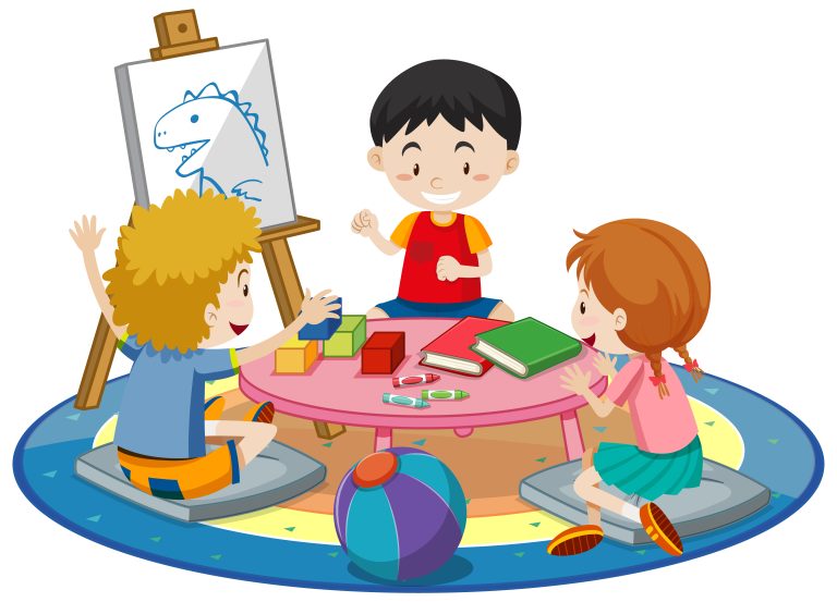 Students with kindergarten room elements on white background